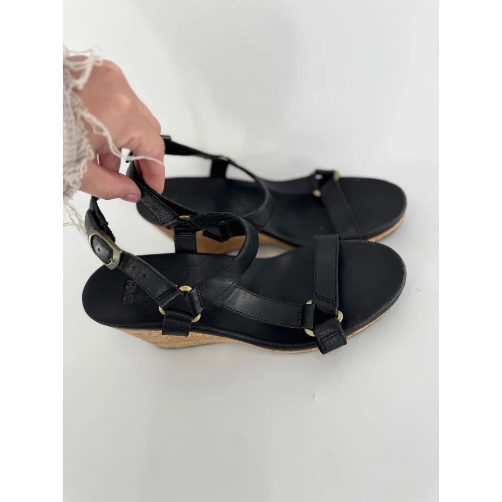 Teva Arrabelle Wedge Sandals‎ Women Size 7 Black Leather Cork Heel Strappy